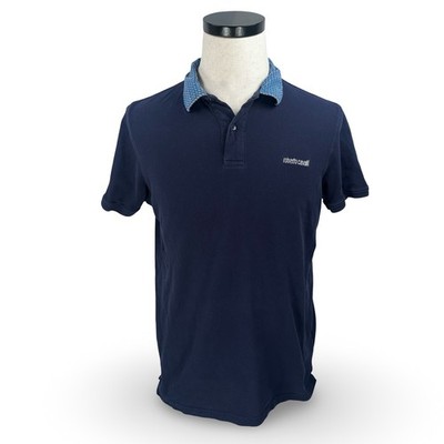 Roberto Cavalli Mens Navy Blue Polo Shirt Geometric Collar XL FSR682 JD064