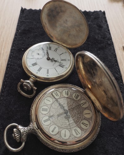 Antiguos 2 Relojes de bolsillo Bergland *1 Plata 835 Arranca"*Vintage