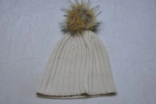 J Crew Hat Beanie Womens One Size Cream Rib Knit Faux Fur Pom Winter Warm Soft