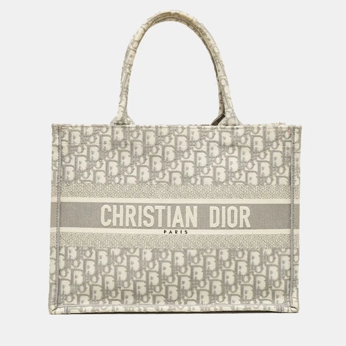 Sac fourre tout moyen en toile brodée oblique gris Dior