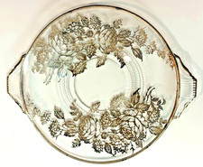 Sterling Silver Overlay 8" Glass Serving Dish Handles Rose Pattern Mid-Century