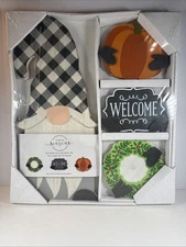 New Transpac MDF Plaid Gnome Sign W/ Interchangeable Seasonal Holiday Icons Set