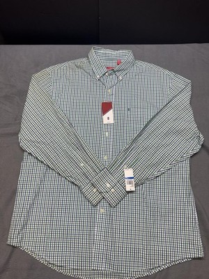 IZOD Basix Shirt Mens XL Verdant Green Blue Check Plaid Button Down Long Sleeve