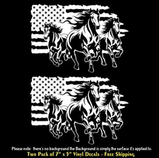 Three Running Horses American Flag Two 7" White Vinyl Decals Any Flat Surface