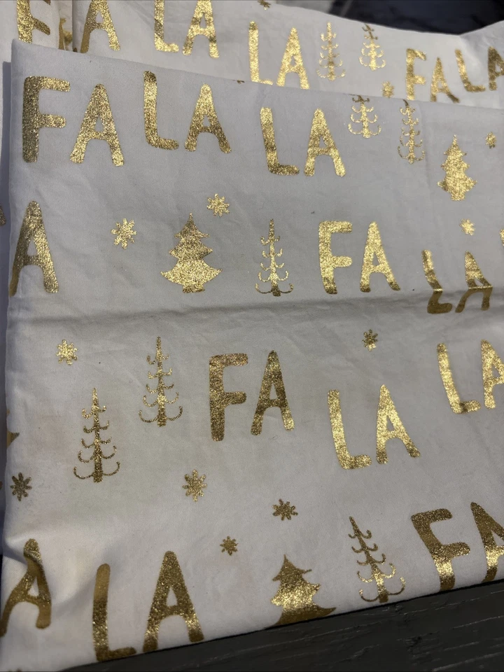 Pottery Barn Teen Organic Sheet Set Full Fa La La Xmas Metallic Gold 4pc - Image 2 of 4