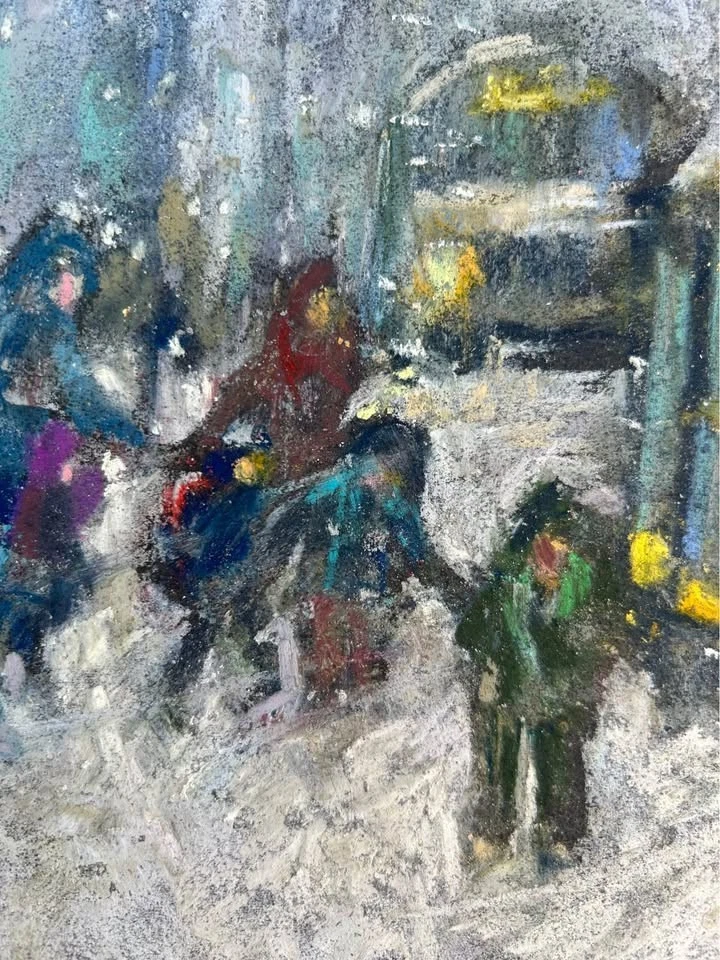 Arte de autobús escolar mañana de invierno, pintura original de nieve con niños, firmada por artista Foto 4 de 4