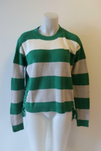 WHITE STRIPED LACE-UP PULLOVER SWEATER 