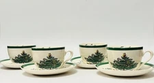 Spode Christmas Tree COFFEE TEA Cup & Saucer Vintage England 4 setting 8 piece