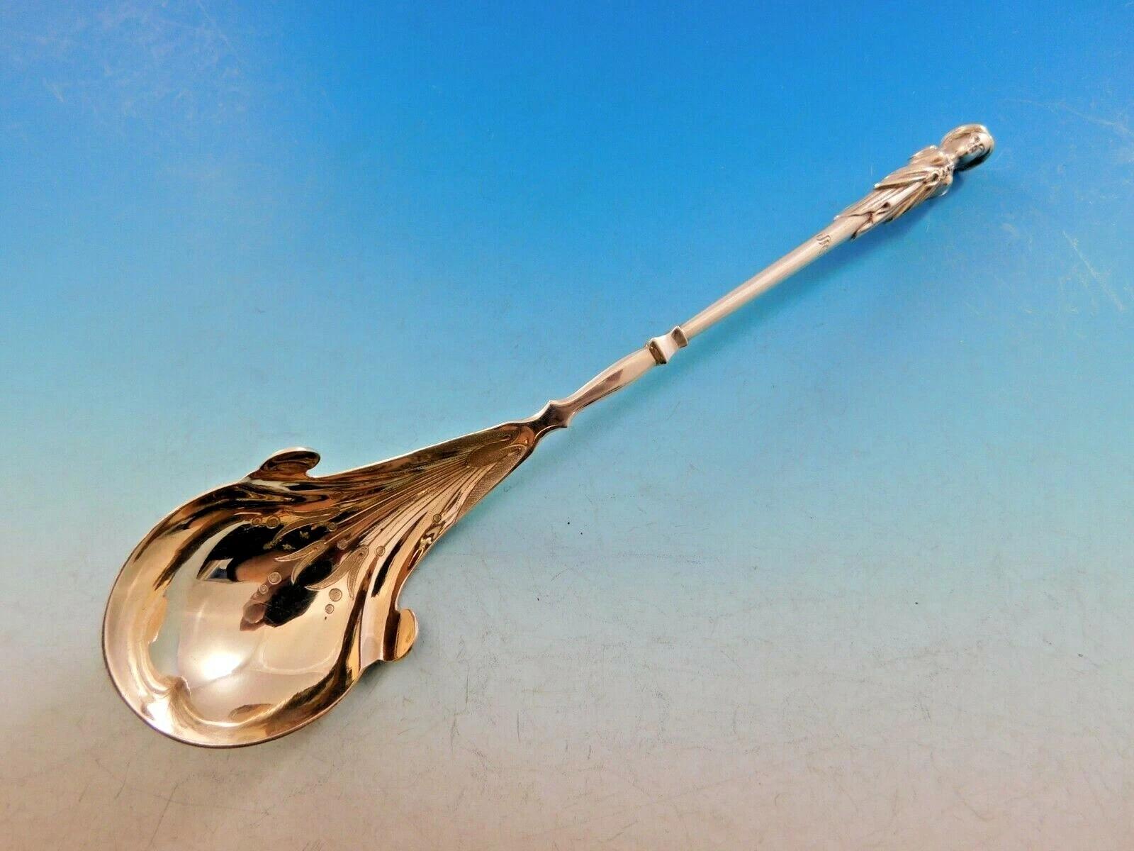 Art Silver c. 1860-1883 Sterling Silver Sauce Spoon BC w/ Flowers & Bust 7 1/2"