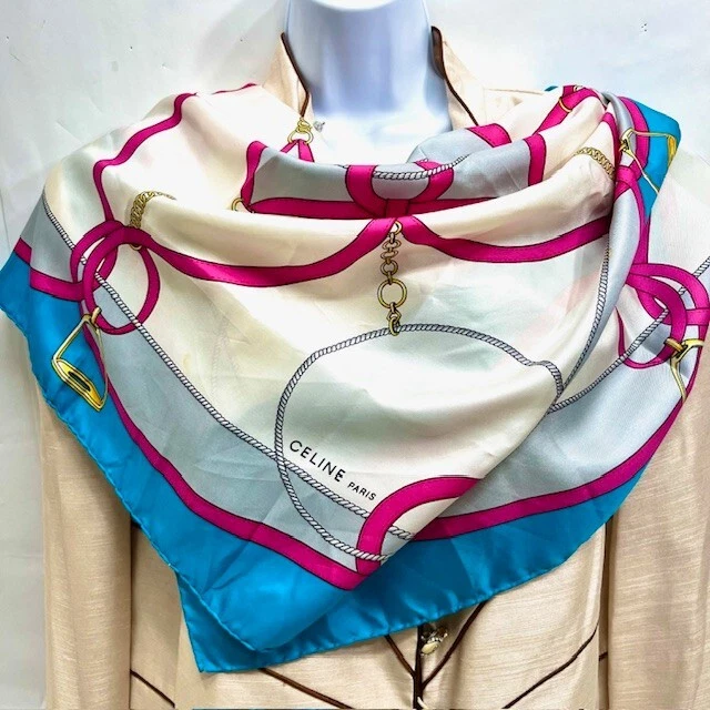 Celine Paris Silk Scarf Square blue pinkyellow ivery gray robe 30"x30" (15) - Image 4 of 4