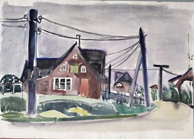 Gemälde Aquarell Straße Haus Telegraph Mast Landschaft Horst Heinen Nachlass - Bild 1 von 4