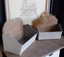 New Set of 2 Metal & Wood Planters Vintage Retro Style Wall Trugs Pots Shelf