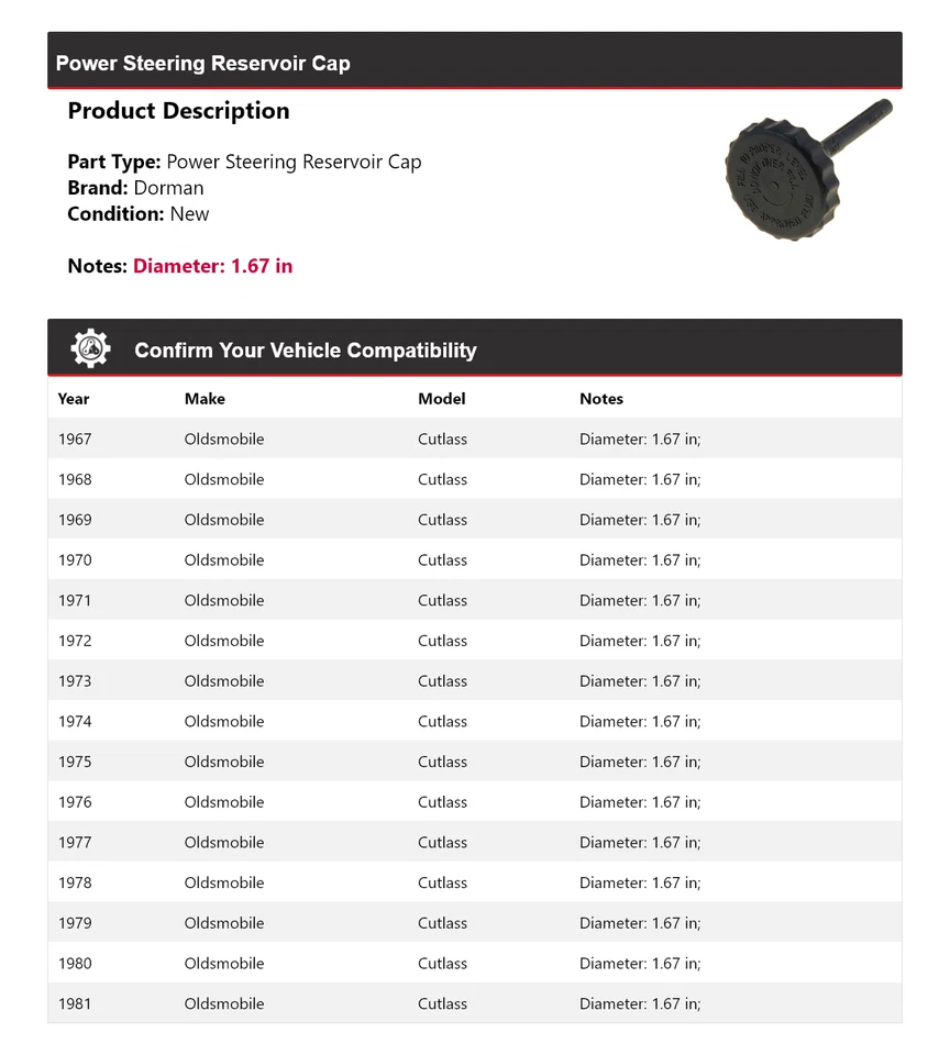 Tapa de depósito de dirección asistida Oldsmobile Cutlass Dorman 1967-1981 1968 1969 Foto 2 de 4