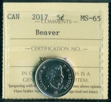2017 Canada Five Cent Beaver, Queen Elizabeth II, ICCS Certified MS-65   XQK 595