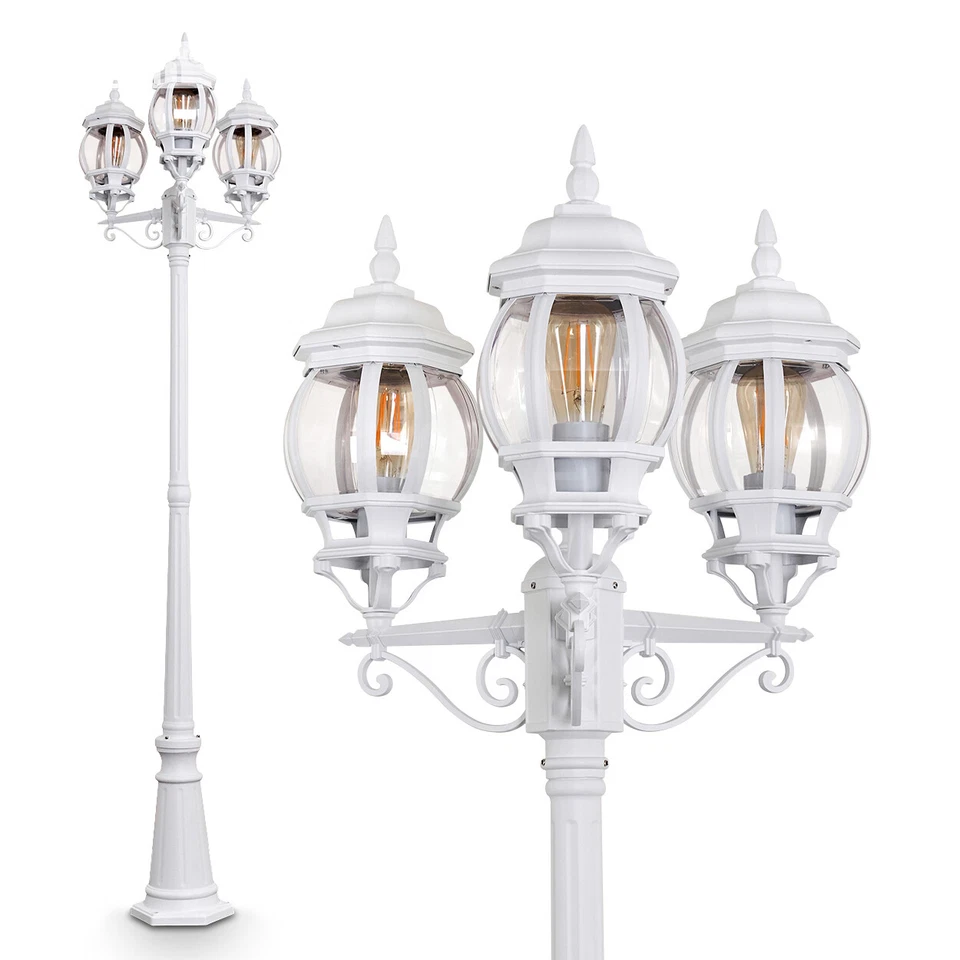 Außen Steh Stand Lampen 3-flammige Kandelaber Wege Garten Leuchten Laterne weiß - Bild 2 von 4