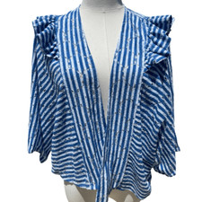 Anthropologie Blue White Eyelet Lace Open Front Feminine Shrug O/S EUC