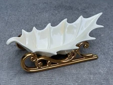 PORCELAIN BOWL CHRISTMAS SLED GOLD LEAF CANDY TRINKET DISH SIGNED LISA 1994 '94
