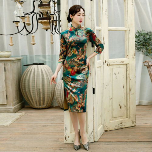 Chinese Velvet Cheongsam Women Midi Dress Wedding Qipao Size M to 3XL - Bild 2 von 15