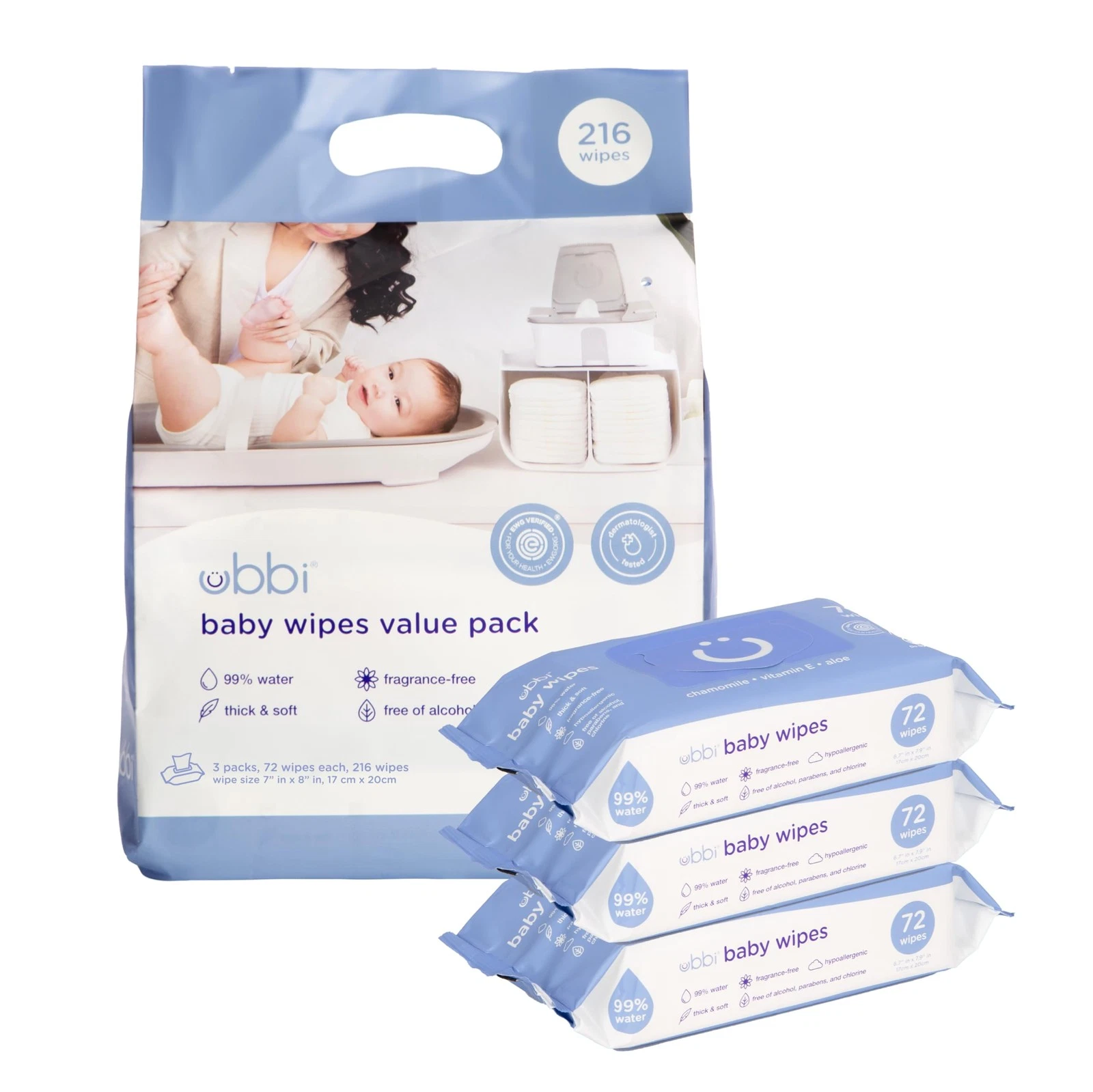 Ubbi Fragrance-Free Baby Wipes, 99% Water Based, 72 Count (Pack of 3), White
