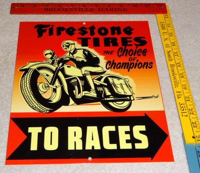 VINTAGE FIRESTONE TIRES MOTORCYCLE RACES 12'' PORCELAIN METAL GASOLINE & OIL SIGN