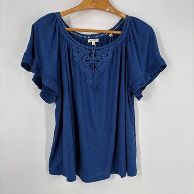 Max Studio London Womens Cobalt Blue Crochet Lace Ruffle Blouse Size 2X Resort