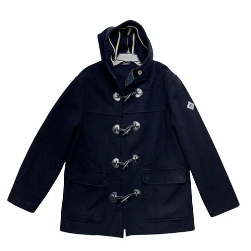 Vintage Henri Lloyd Duffle Coat Large Blue Wool Blend Hooded Dean Outdoor 90s - product listing photo