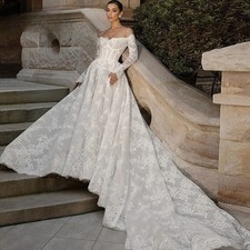 White Wedding Dresses Off The Shoulder A-Line Full Lace Boho Bridal Applique