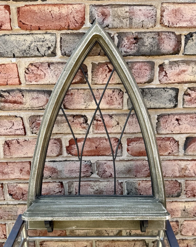 Gothic Wall Arch Shelf Distressed Wood And Metal Decor Country Charm 25” Sage - Image 3 of 4