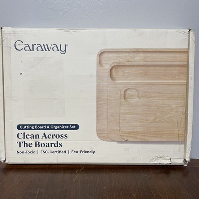 Caraway 4-Piece FSC Wood Cutting Board Set w/ Storage Organizer read description