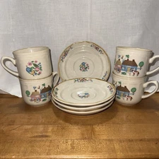 International Tableworks Heartland Village #105 Cup/Saucer Stoneware 4 Sets
