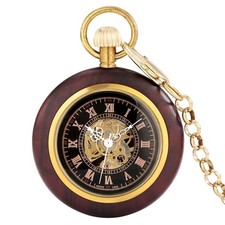 Red Wood Case Skeleton Open Face Pocket Watch Roman Numerals Mechanical w/ Chain