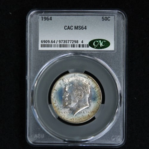 1964 Kennedy 90% Silver Half Dollar CACG CAC Grading MS64  EOR Toning 50C