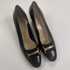 Salvatore Ferragamo Dark Navy with Gold Accent Blocki KitteHeel Pumps 8AA