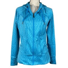 Athleta Medium Jacket Full-Zip Space-Dye Hooded Pockets Stretch Thumbholes Blue