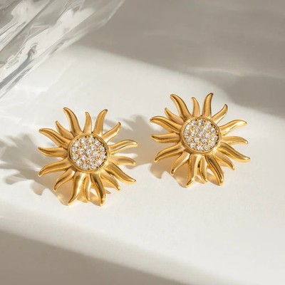 Gold Sun Stud Earrings Rhinestone Celestial Sunflower Button Earrings