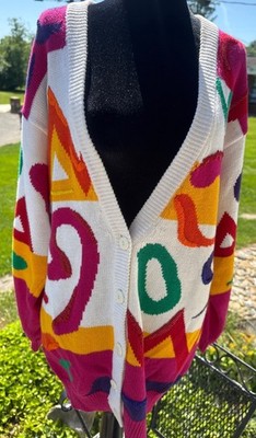Vintage IB Diffusion Cardigan Beaded Abstract Colorful 80s 90s Art Sweater