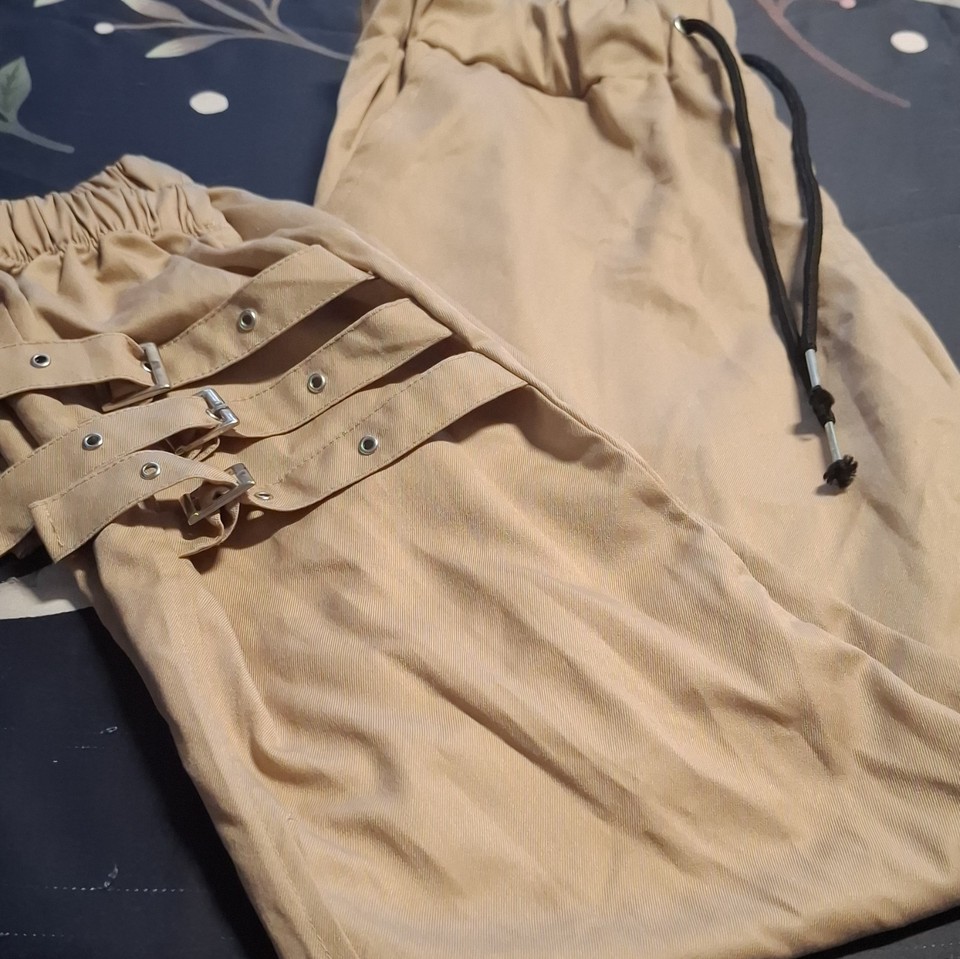 MANGO Women's Beige Utility Cargo Pants Multi-Buckle Parachute Trousers Size 14