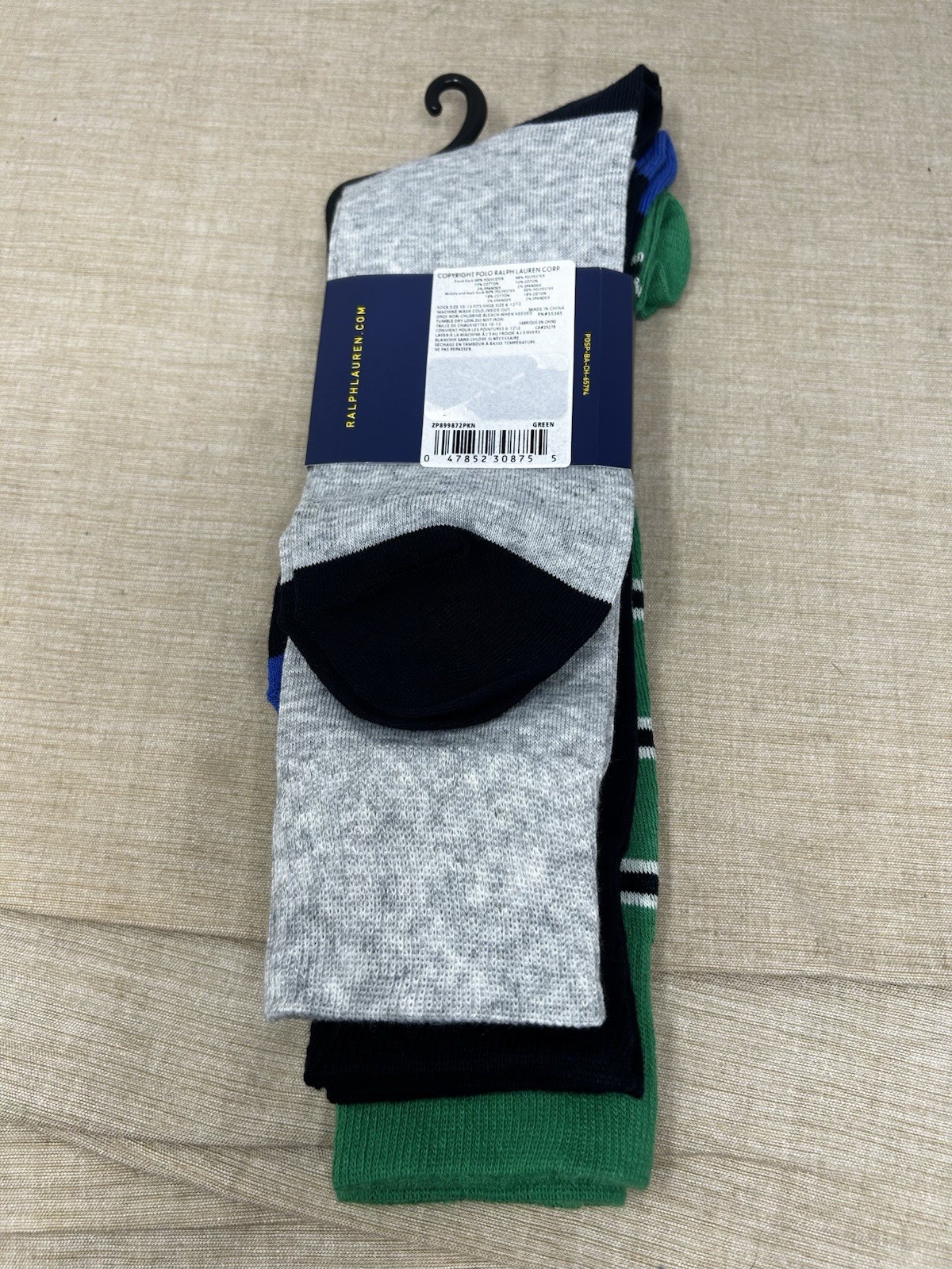 Polo Ralph Lauren 3 paia calze uomo girocollo a righe multicolore logo pony taglia 10 13