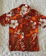Men's Vintage 1960s JC Penney Towncraft Orange Hawaiian Barkcloth Tiki Shirt M