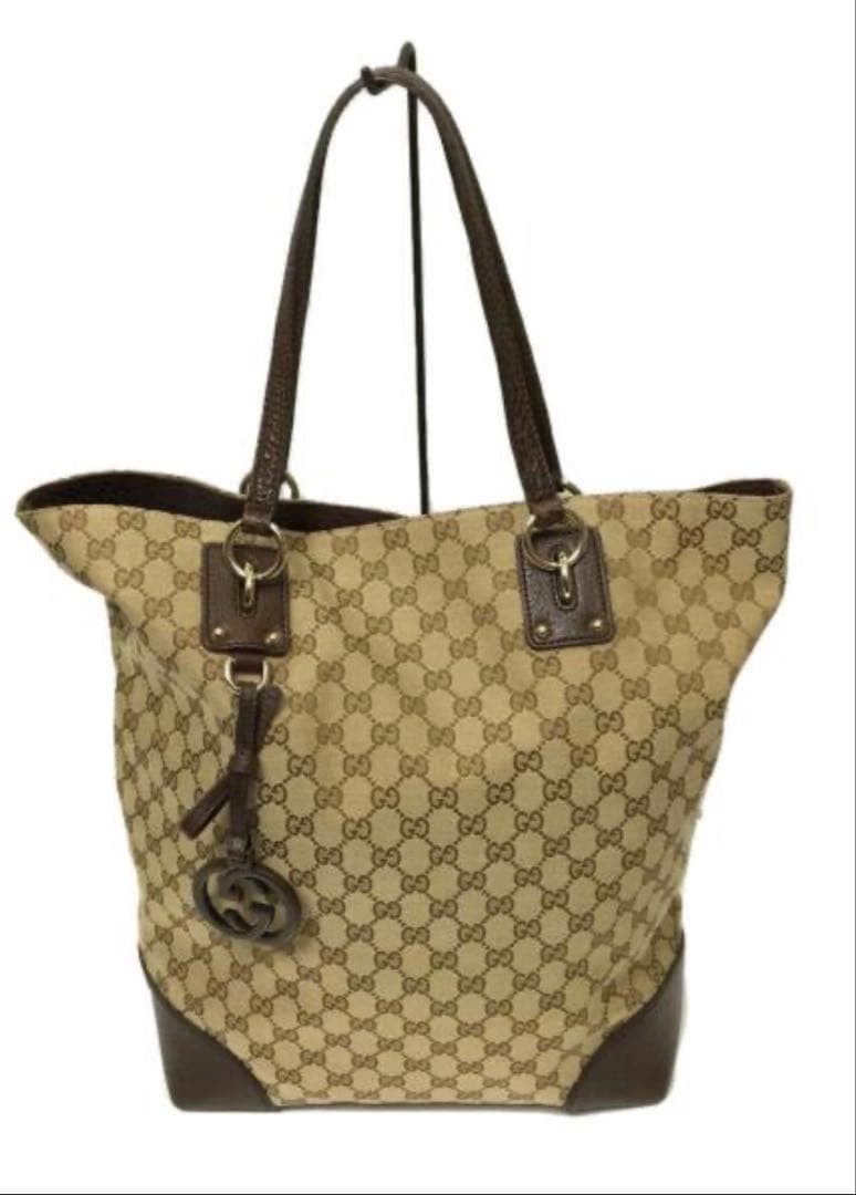 GUCCI GG Canvas Tote Bag Brown Logo Charm Unisex Authentic Excellent Condition