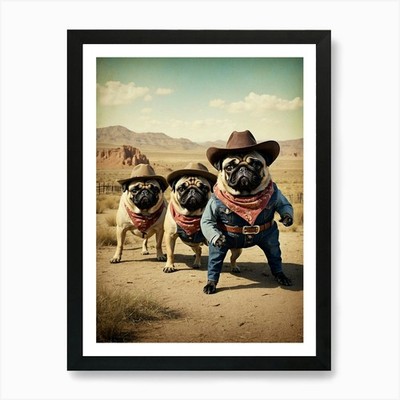 Three Pugs In Cowboy Hats 1 Art Pri Framed Wall Art Poster Canvas Print Picture