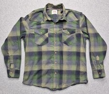 VTG Wrangler Pearl Snap Shirt Mens L Green Plaid Flannel Western Work