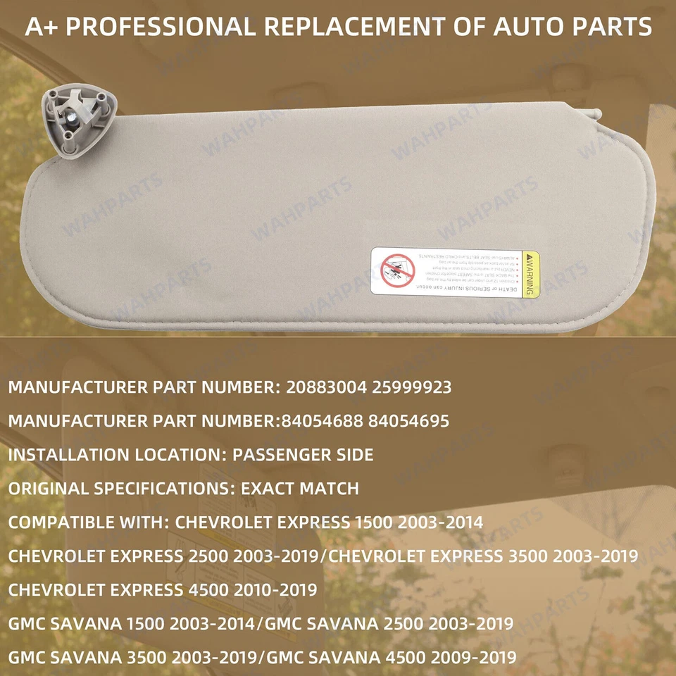 For 1999-2019 Chevrolet Express GMC Savana Right Side Sun Visor w/o Mirror Light - Image 2 of 4