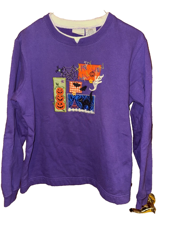 Moletom feminino vintage Halloween roxo tamanho médio 8/10 bordado Granny Core - Imagem 2 de 4