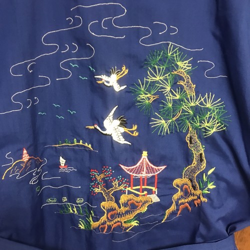 VTG Plum Blossoms Oriental Asian Embroidered Robe Med Blue Cranes Junk Pagoda - Picture 6 of 17