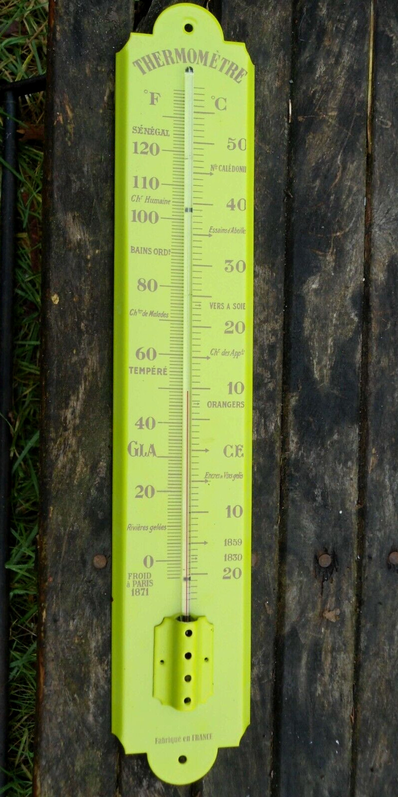 Thermomètre extérieur intérieur émaillé vert pomme 50 cm fabriqué en France