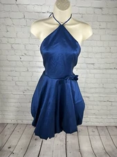 Teeze Me Blue Halter Short Bubble Hem Fit And Flare Party Dress Junior’s 13