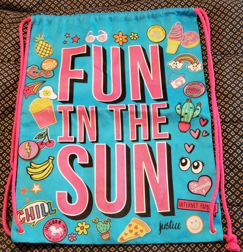 Super Rare Large Justice Tote Towel Bag Fun In The Sun Backpack 19.5" x 14.5 Sac - Picture 2 of 12