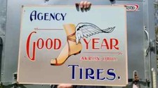 LARGE VINTAGE GOODYEAR TIRES PORCELAIN METAL GAS STATION SIGN TIRE 24" X 18"