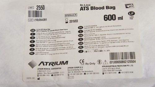 Atrium 2550 Ats Blood Bag Chest Drain Autotransfusion 600ml - Picture 5 of 5